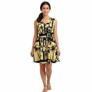 Beulah Style Sleeveless Midi Dress Yellow With Black Palm Trees Size S Ruffle